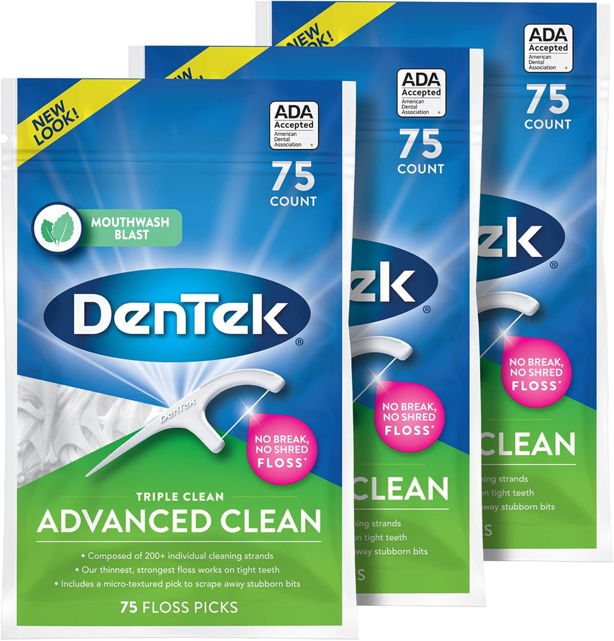 DenTek Triple Clean Advanced Clean Floss Picks, 75 Count, Pack of 3 — product view