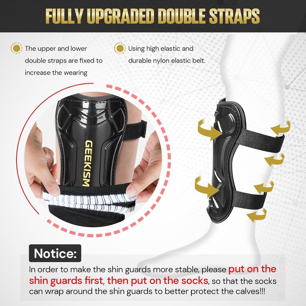 Geekism Soccer Shin Guards for Kids with Socks, Double Straps, Black, Medium - view 3