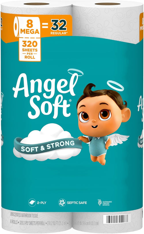 Angel Soft Toilet Paper, 8 Mega Rolls, 2-Ply (320 Sheets Each)