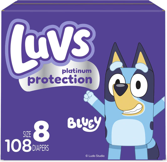 Luvs Platinum Protection Bluey Nappies, Size 8 (46+ lb), 108 Count