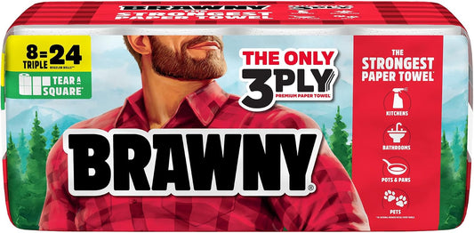 Brawny Tear-A-Square 3-Ply Paper Towels, 8 Triple Rolls