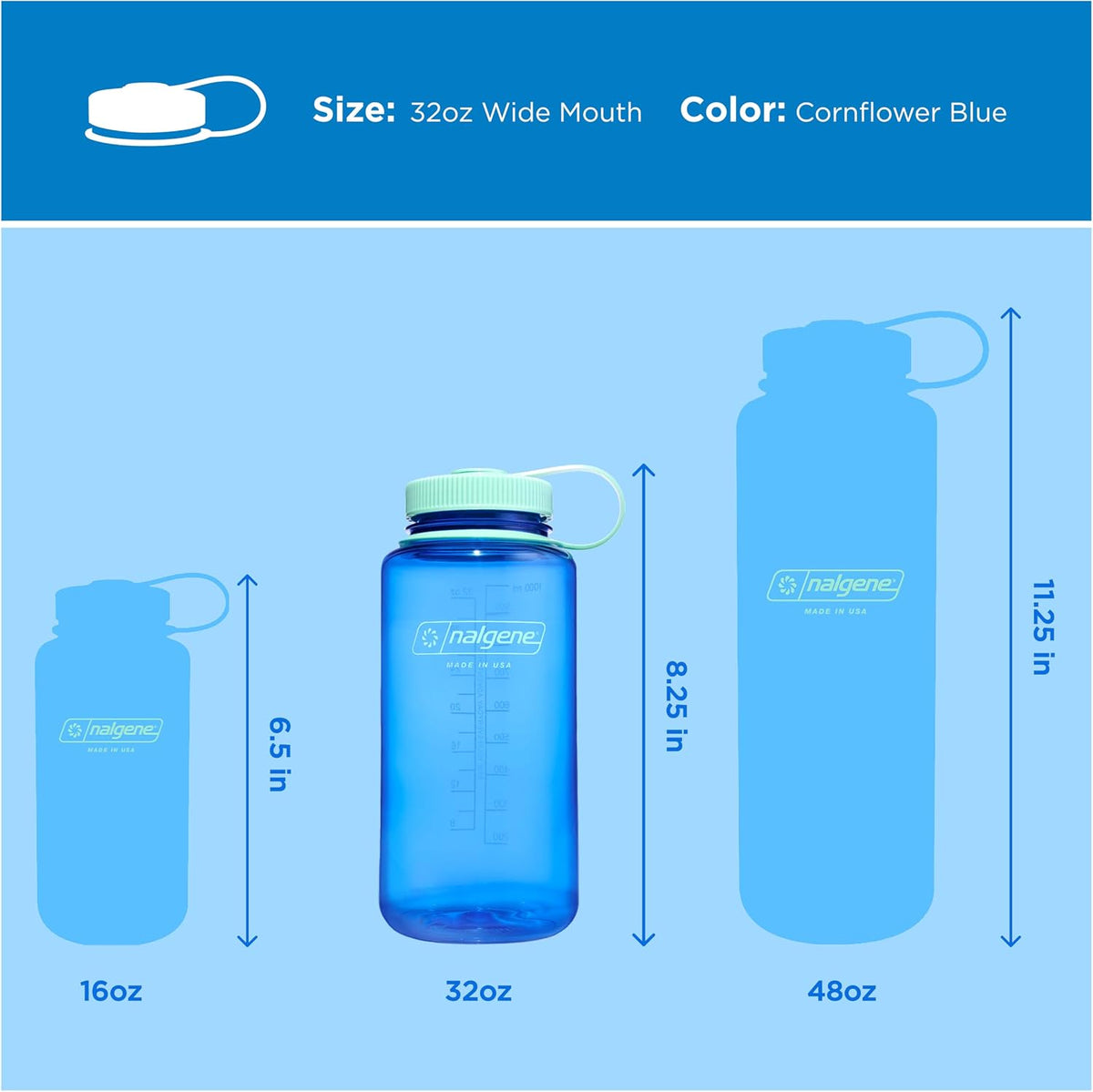Nalgene Wide Mouth Water Bottle, 32 oz (1 Litre), Cornflower Blue - view 2