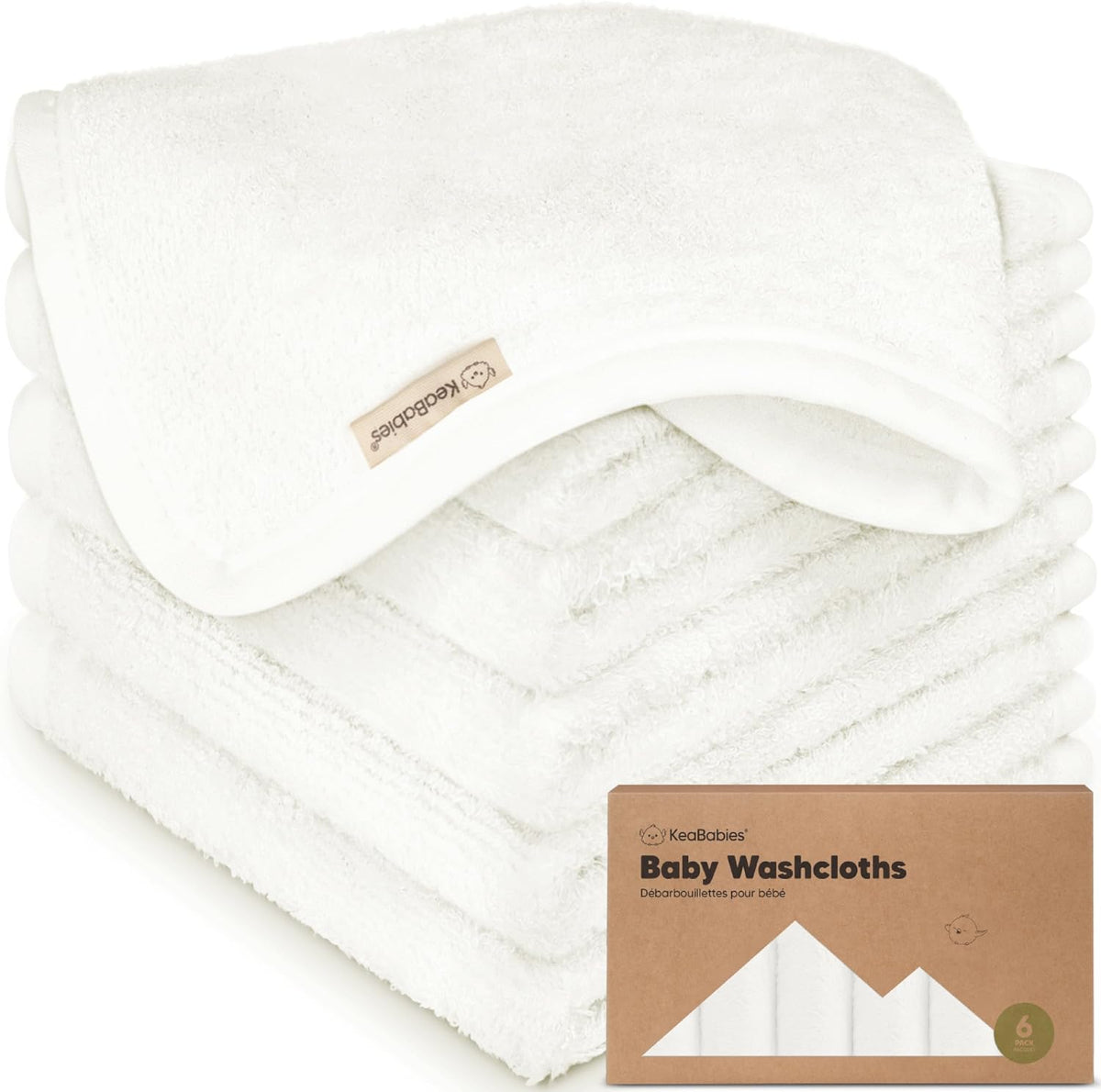 KeaBabies 6-Pack Baby Washcloths, White, 10 x 10 Inch (25 x 25 cm)