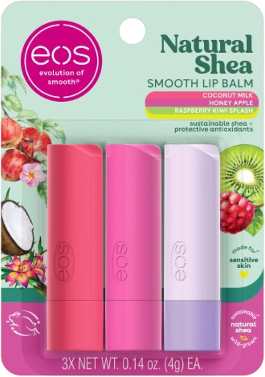 eos Natural Shea Lip Balm Pack of 3 Honey Apple, Coconut Milk, Raspberry Kiwi
