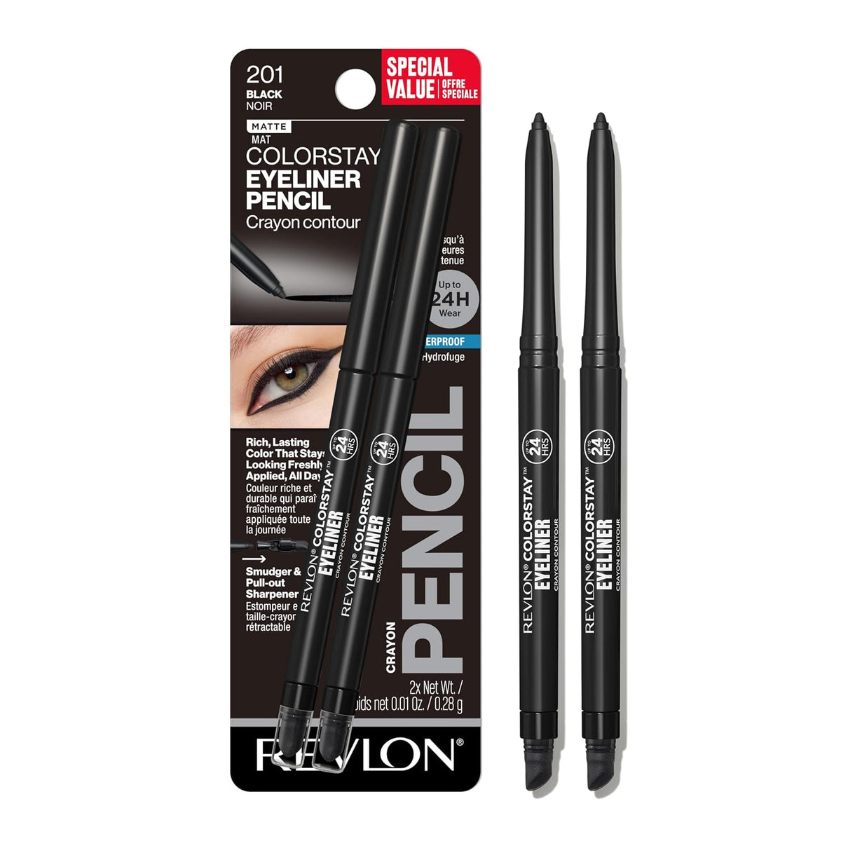 Revlon ColorStay Waterproof Eyeliner Pencil, 201 Black, Pack of 2
