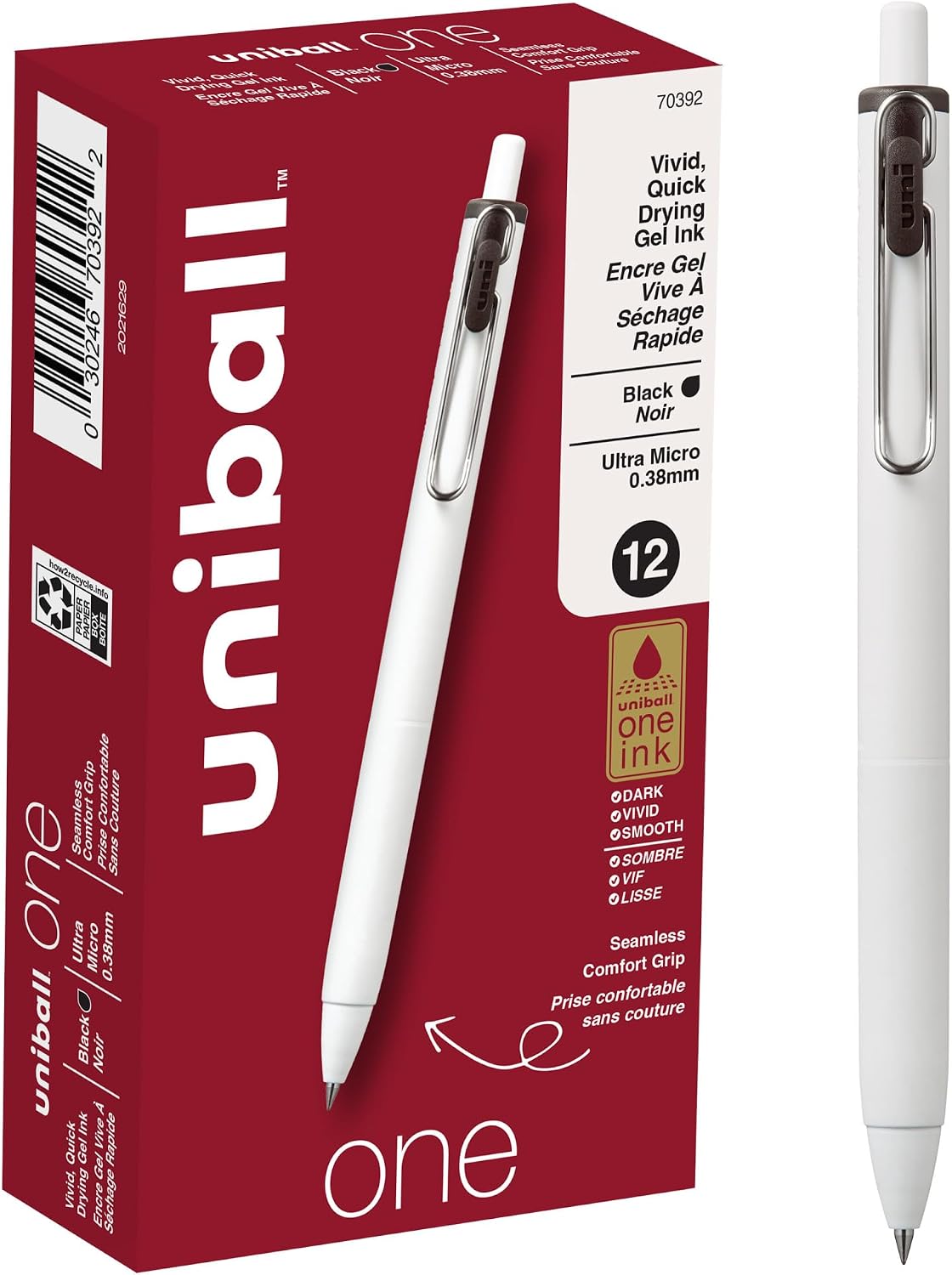 uni-ball One Retractable Gel Pens, 0.38mm Ultra Micro, Black, 12 Count — product view