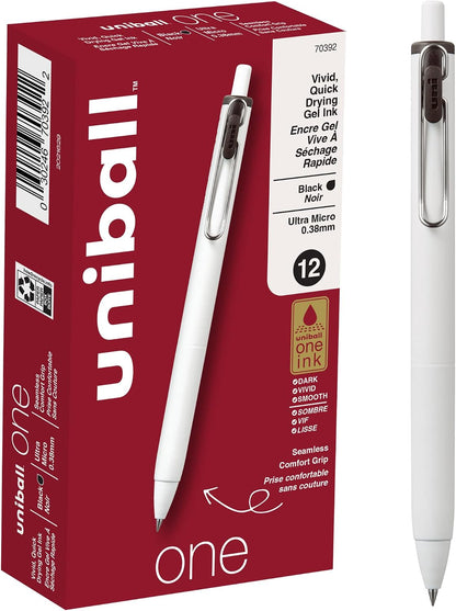 uni-ball One Retractable Gel Pens, 0.38mm Ultra Micro, Black, 12 Count
