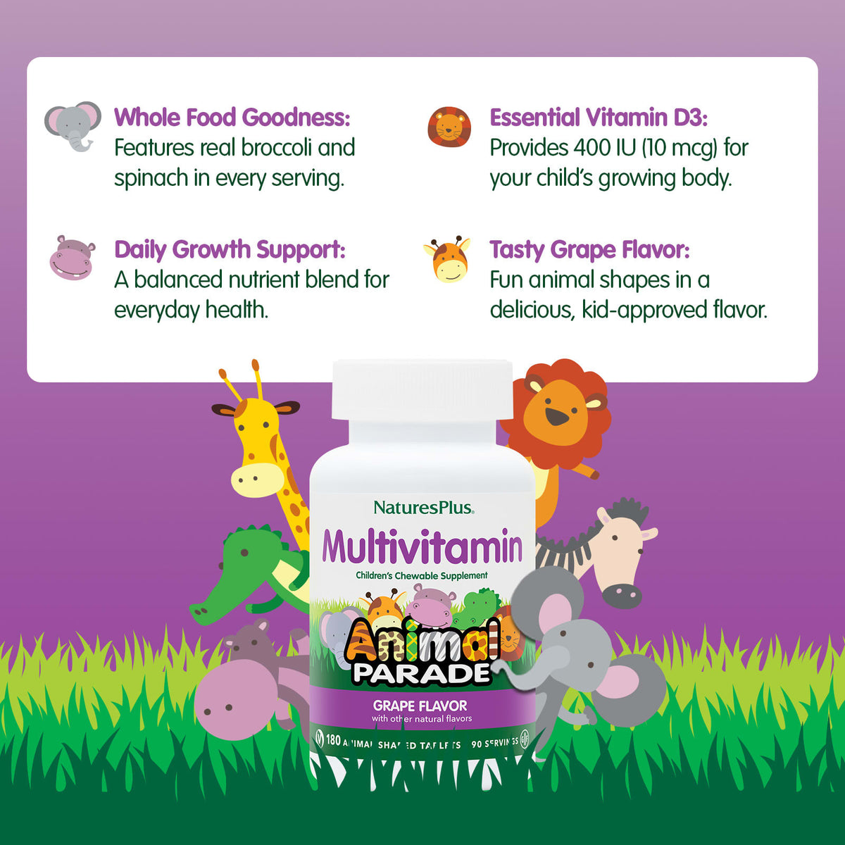 NaturesPlus Animal Parade Children's Chewable Multivitamin, Grape, 180 Tablets - view 4