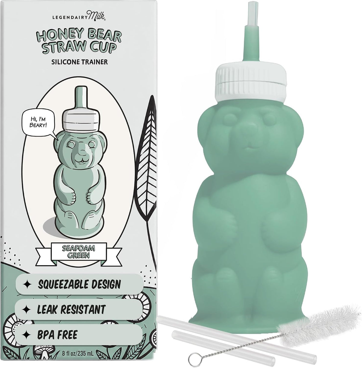 Legendairy Milk Honey Bear Silicone Straw Sippy Cup, Green, 8 oz (240 ml)