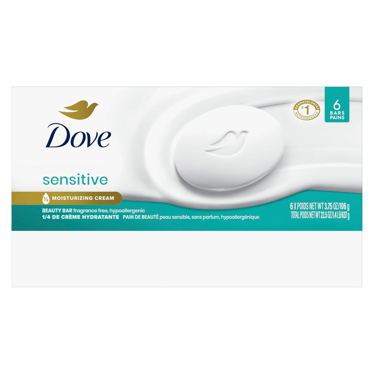 Dove Sensitive Beauty Bar Soap, Fragrance-Free, 3.75 oz, 6 Bars - view 2