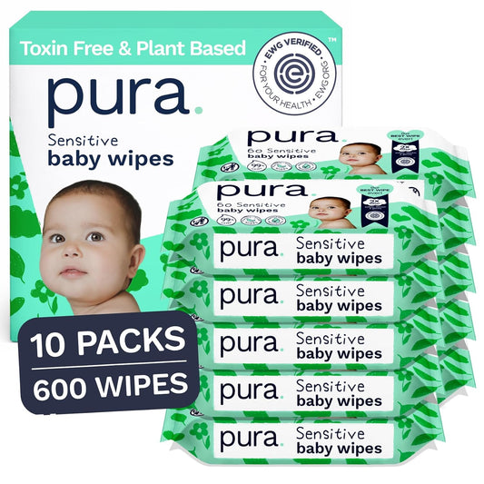 Pura Unscented Baby Wipes for Sensitive Skin with Aloe Vera, 600 Wipes
