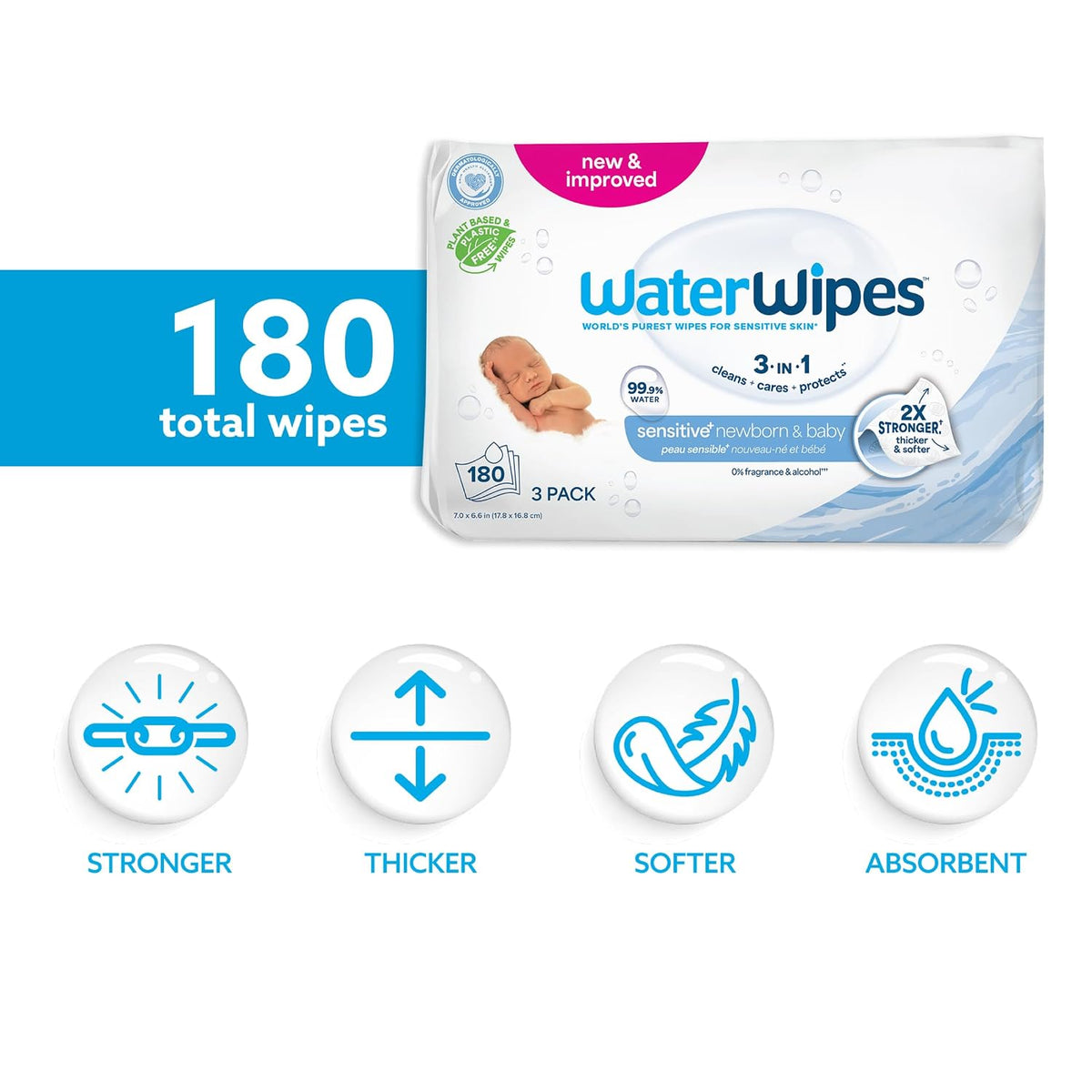 WaterWipes Sensitive+ Newborn & Baby Wipes, 180 Count (3 Packs) - view 2