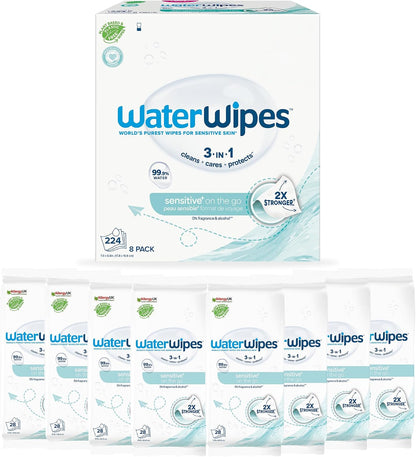 WaterWipes Sensitive+ On The Go Unscented Wipes, 8 Packs