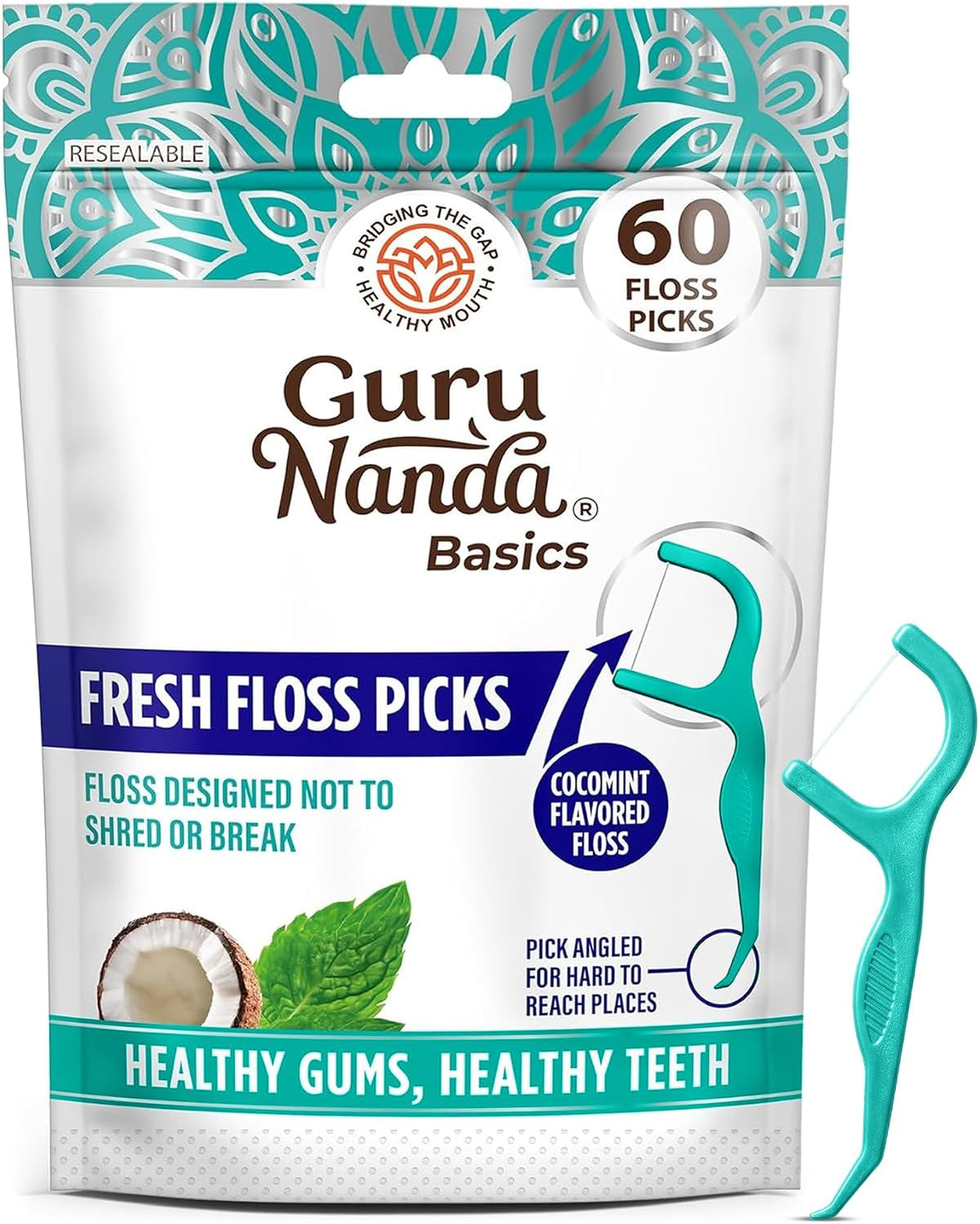 GuruNanda Fresh Dental Floss Picks with Angled Pick, Cocomint, 60 Count