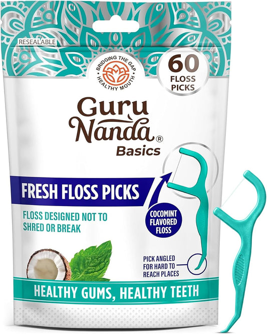 GuruNanda Fresh Dental Floss Picks with Angled Pick, Cocomint, 60 Count