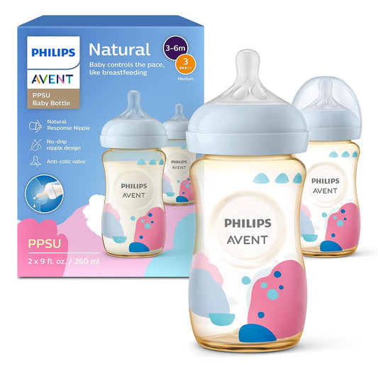 Philips Avent Natural PPSU Baby Bottles, Medium Flow, 9 oz (270 ml), Pack of 2