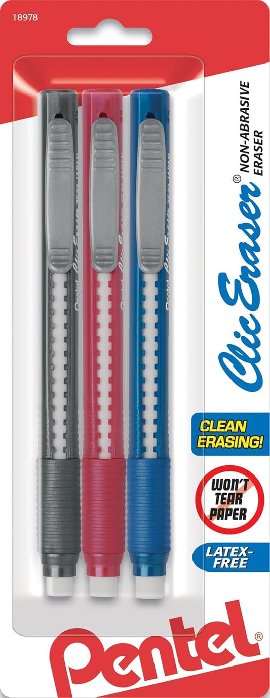 Pentel Clic Retractable Eraser with Grip, Pack of 3