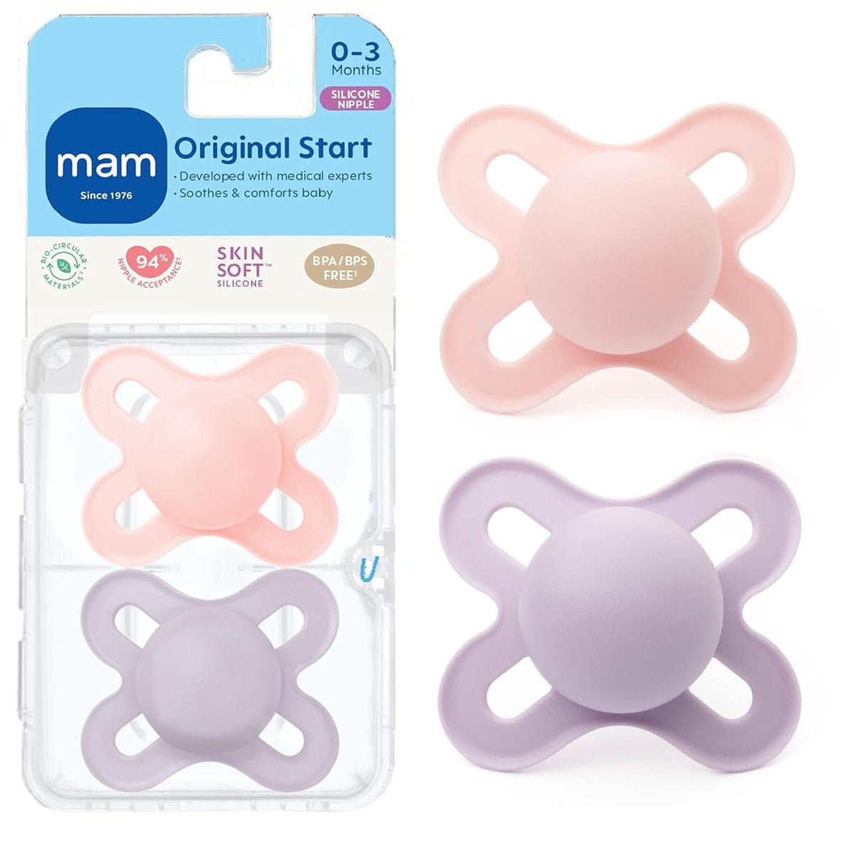 MAM Original Start Newborn Dummies 0-3 Months, Skin Soft Silicone, Pack of 2