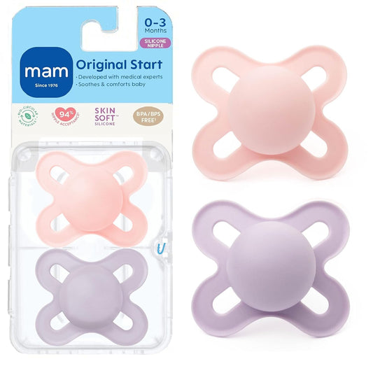 MAM Original Start Newborn Dummies 0-3 Months, Skin Soft Silicone, Pack of 2