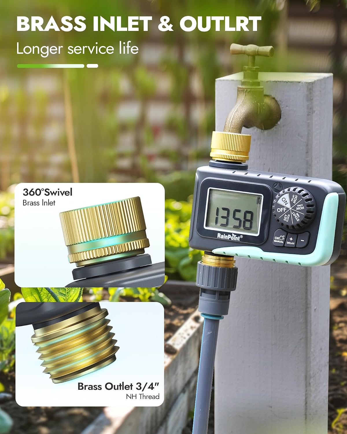 RAINPOINT Programmable Sprinkler Timer with Brass Inlet and Outlet - view 2