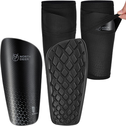 Northdeer Soccer Shin Guards for Boys with Sleeves, Black, Medium