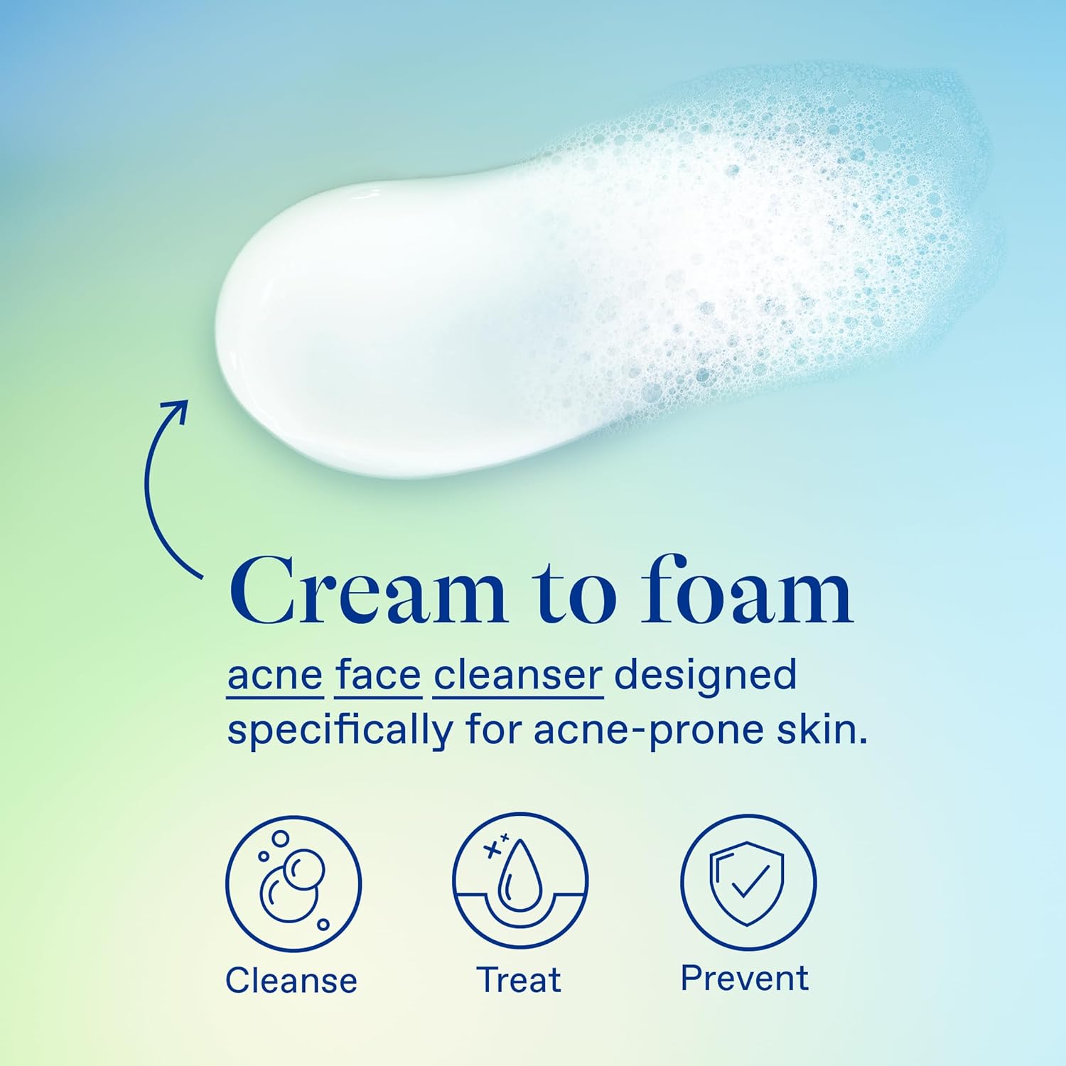 Cream to foam acne face cleanser for acne-prone skin with cleansing, treating, and preventing properties.