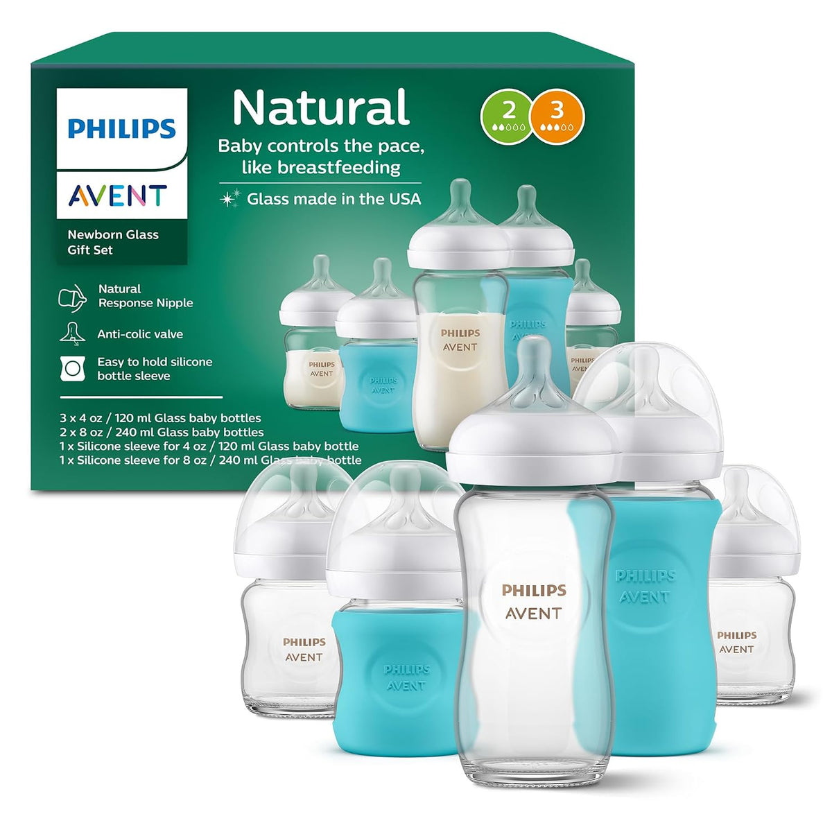 Philips Avent Natural Glass Newborn Set, 5 Bottles, 2 Sleeves