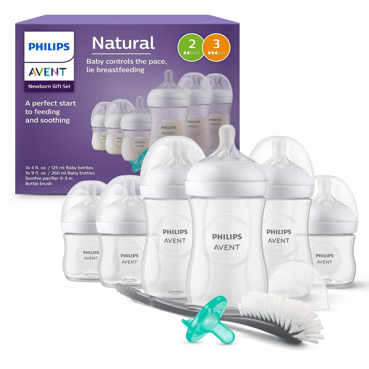 Philips Avent Natural Newborn Set, 6 Bottles, Soothie Dummy, Brush — product view