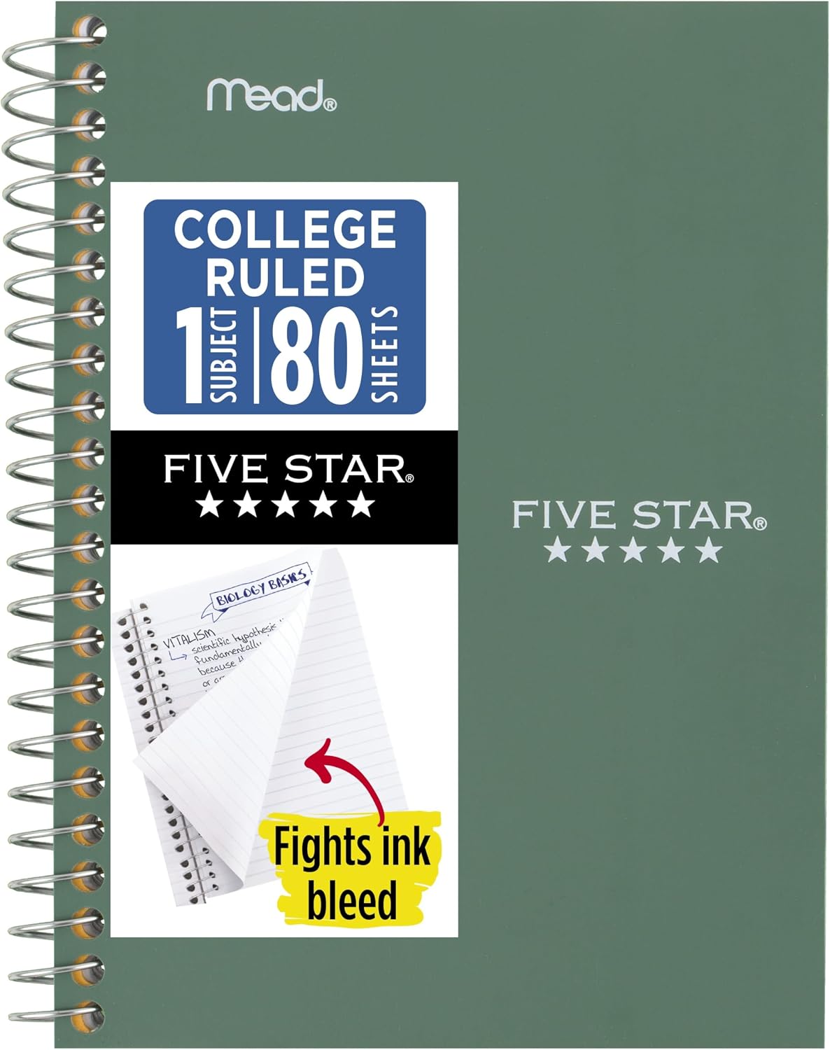 Five Star Spiral Notebook, 1 Subject, College Ruled, 80 Sheets, Green — product view