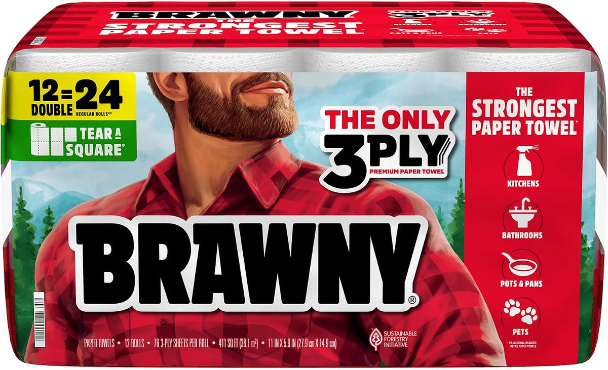 Brawny Tear-A-Square 3-Ply Paper Towels, 12 Double Rolls