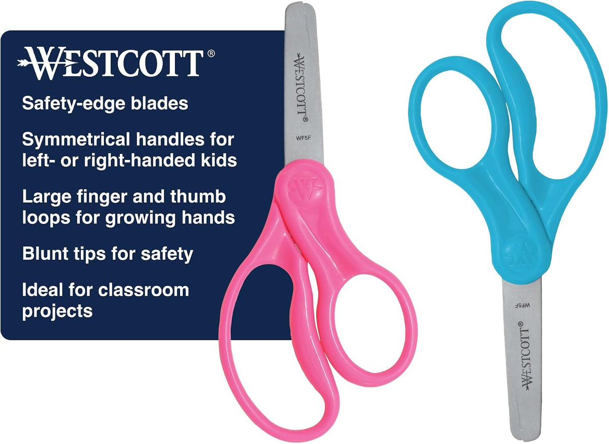 Westcott 5 Inch Hard Handle Kids Scissors, Blunt, Assorted Colours, 2 Pack