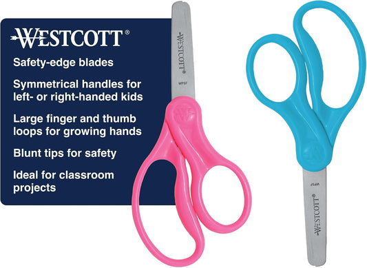 Westcott 5 Inch Hard Handle Kids Scissors, Blunt, Assorted Colours, 2 Pack