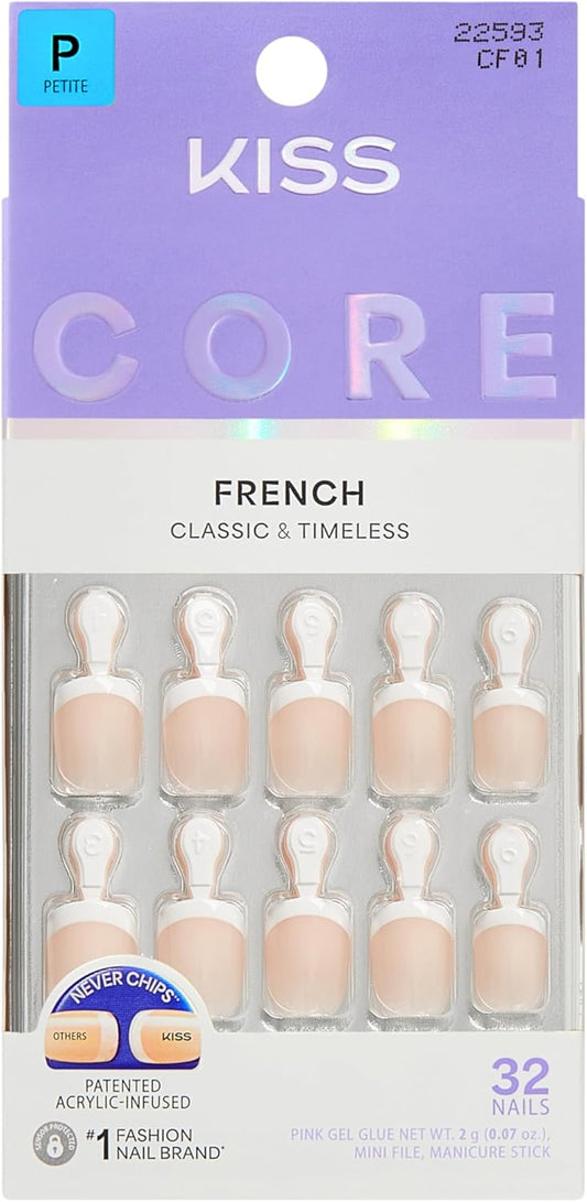 Kiss Core French Tip Press On Nails Perfection, Petite Squoval, 32 Count