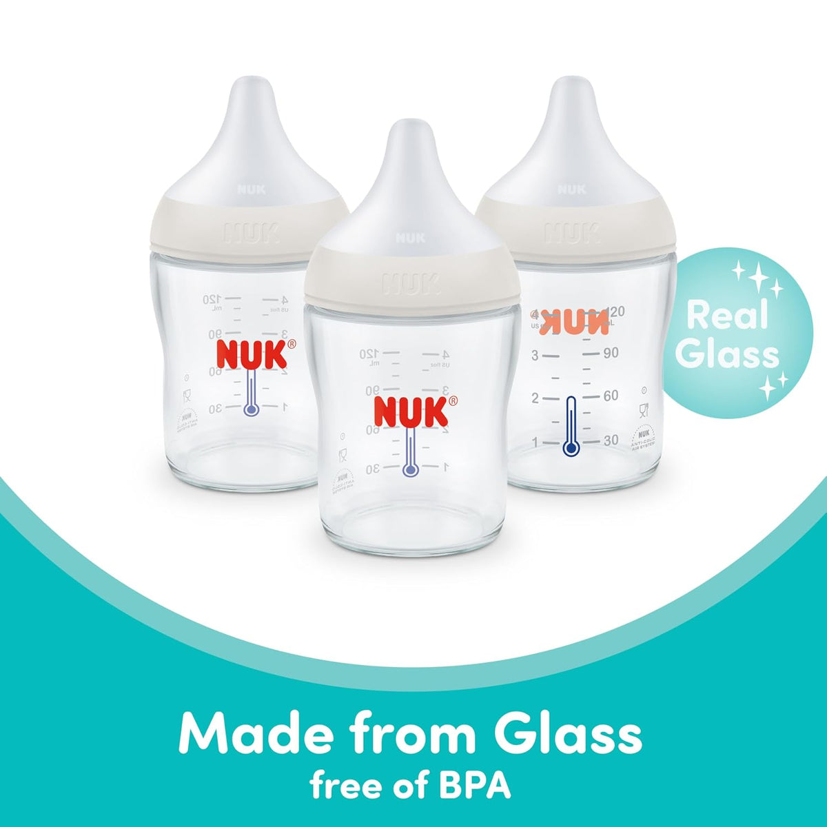 NUK Perfect Match Natural Transition Glass Baby Bottles, 4 oz (120 ml), 3 Pack - view 3