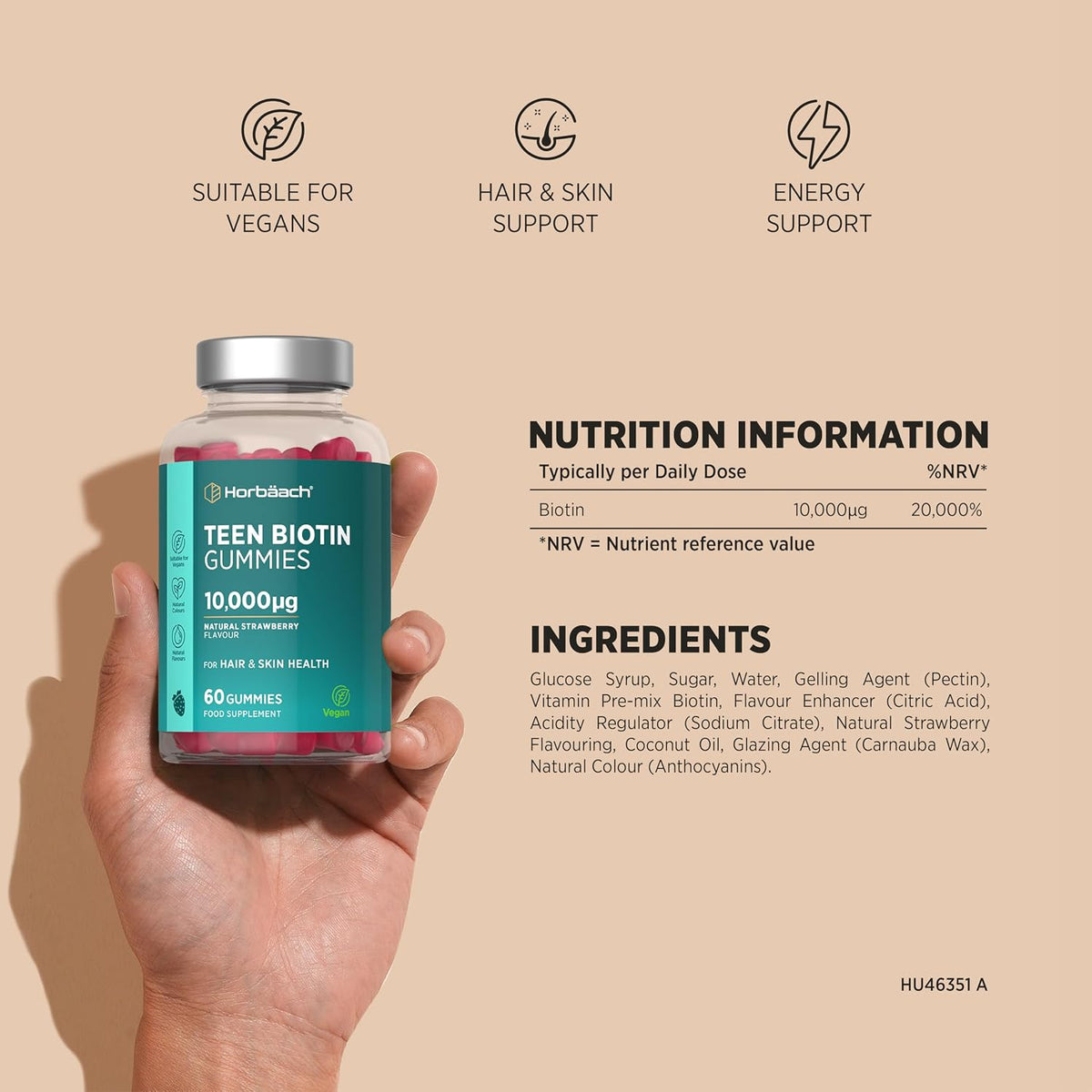 Horbaach Biotin Gummies for Teens 10,000mcg - Strawberry - view 3