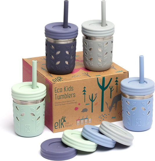 Elk and Friends 10 oz Steel Kids Mason Jars with Sleeves, 4 Pack