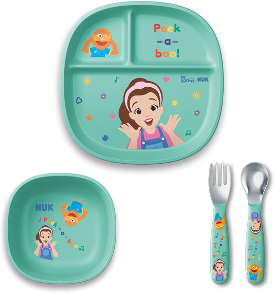 NUK Ms. Rachel Toddler Tableware Set with Plate, Bowl, Fork and Spoon