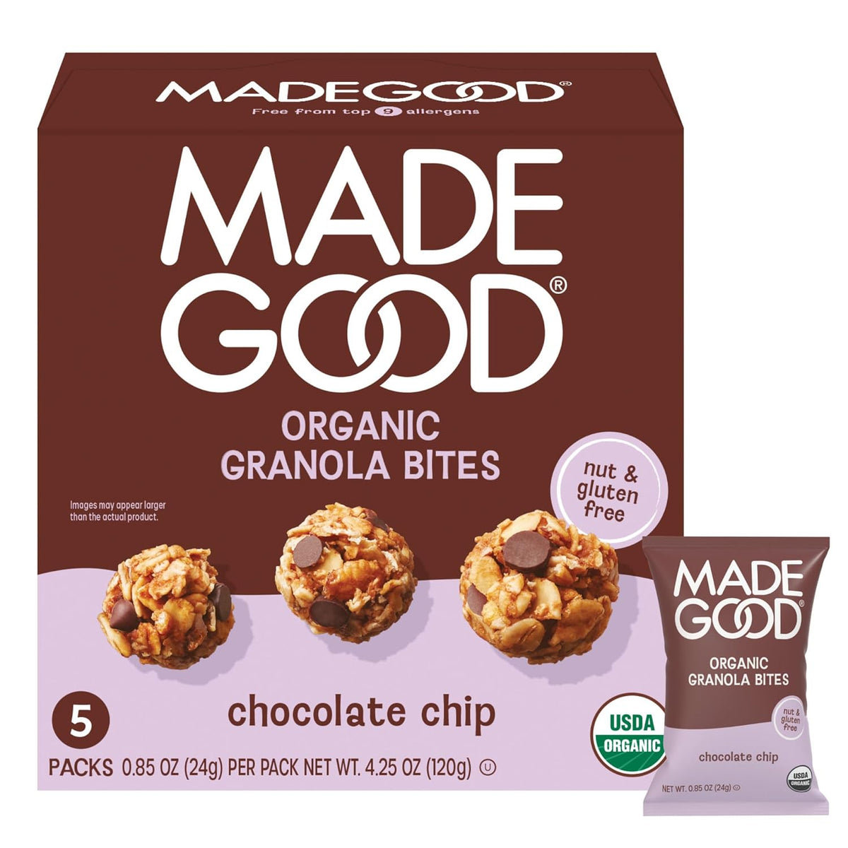 MadeGood Organic Chocolate Chip Granola Bites, 5 Packs of 0.85 oz — product view