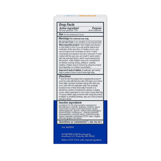 AcneFree Terminator 10 Acne Spot Treatment 10% Benzoyl Peroxide 28 g - Drug facts label