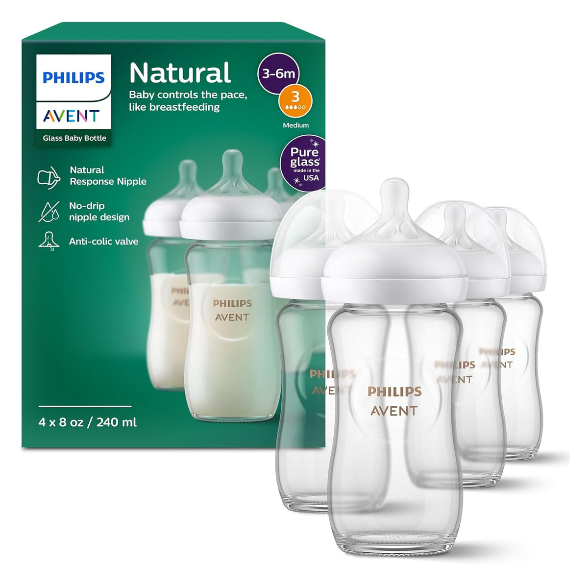 Philips Avent Natural Glass Baby Bottles, Medium Flow, 8 oz (240 ml), Pack of 4 — product view