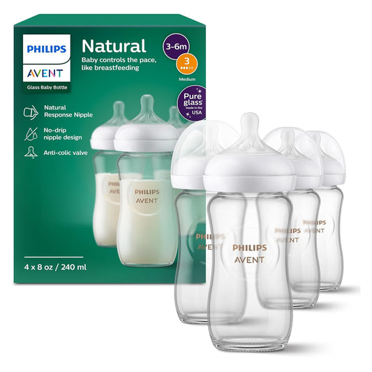 Philips Avent Natural Glass Baby Bottles, Medium Flow, 8 oz (240 ml), Pack of 4