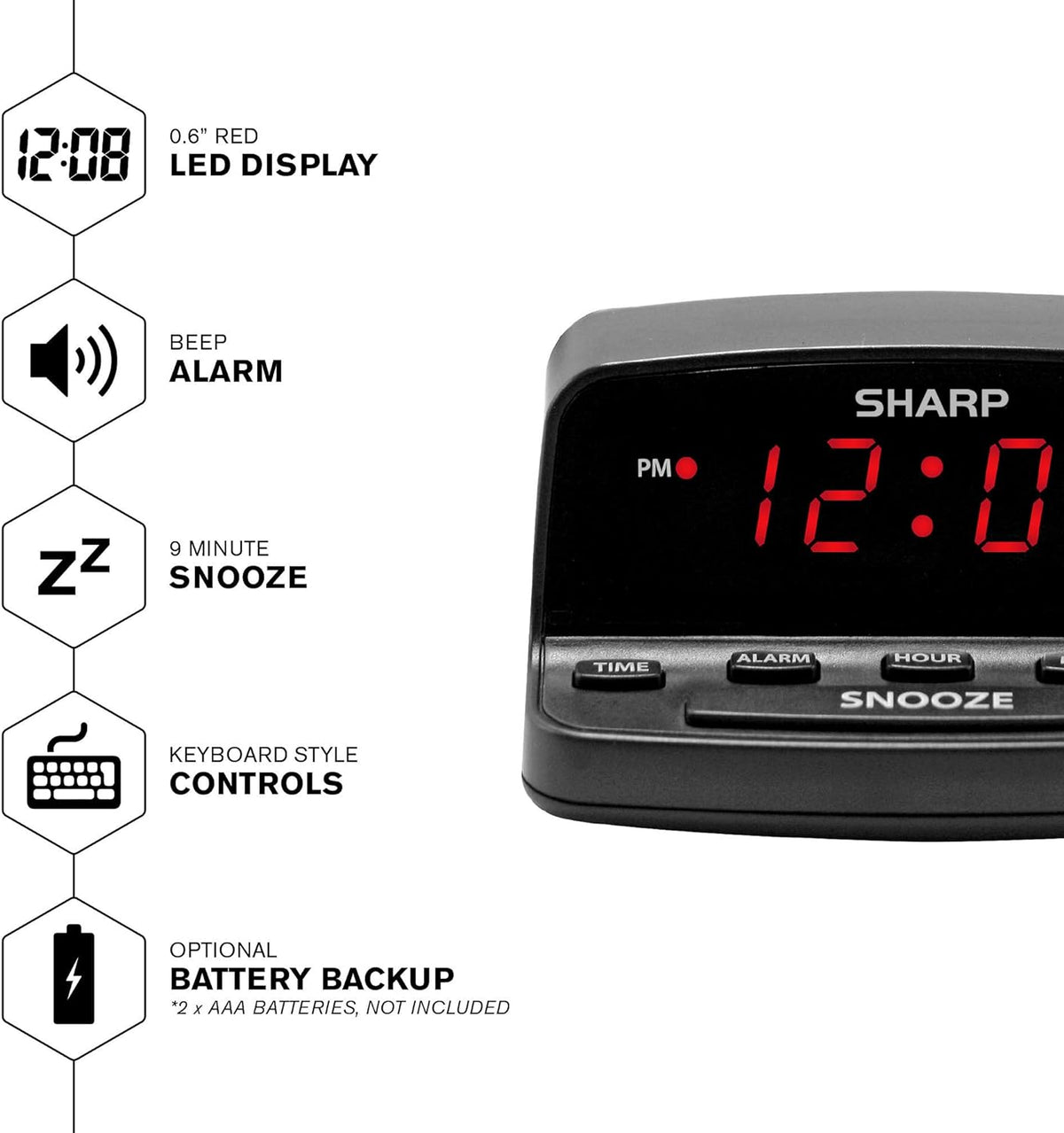Sharp Digital Alarm Clock with Large Snooze, Red LED - view 3
