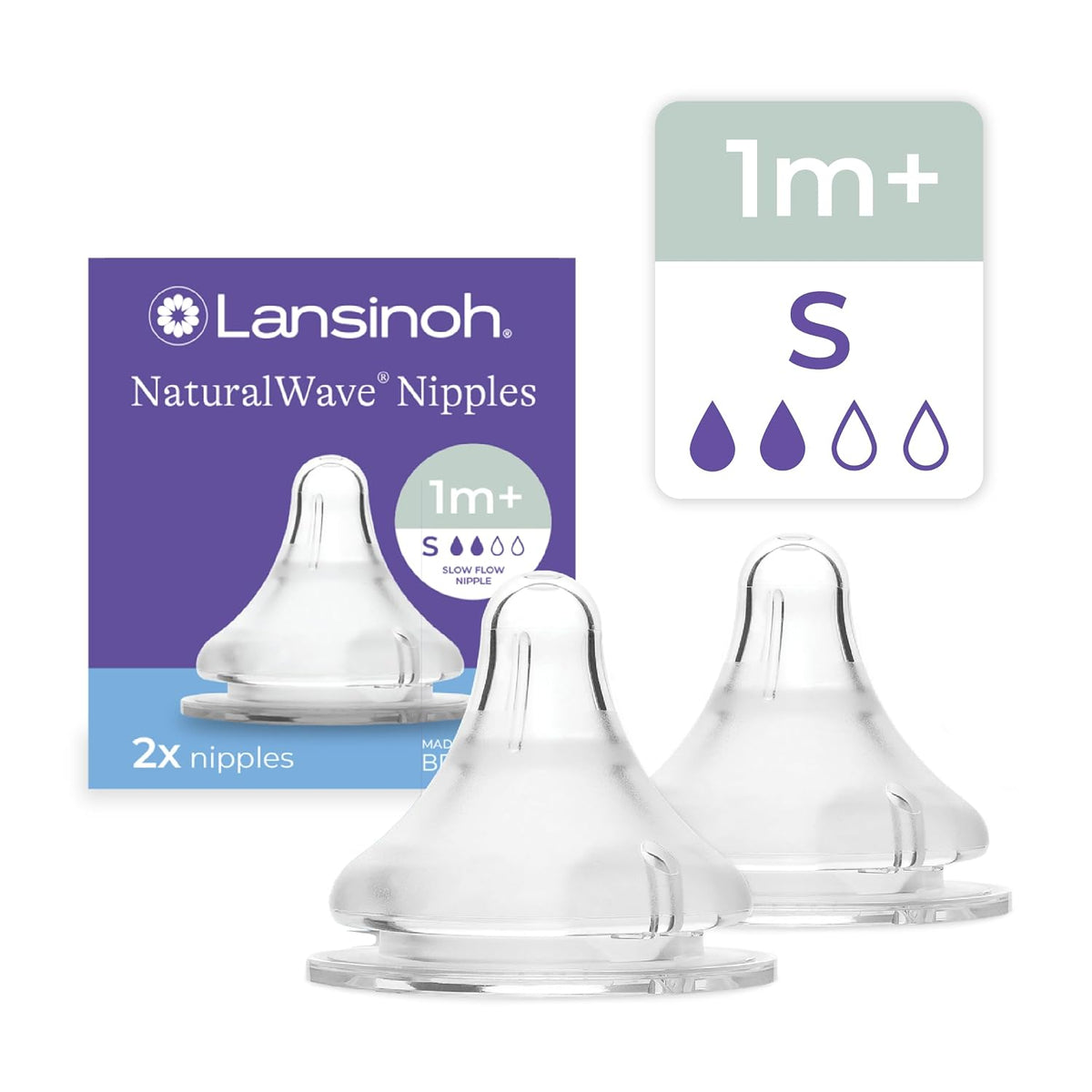 Lansinoh NaturalWave Baby Bottle Teats, Slow Flow (S), 2 Count