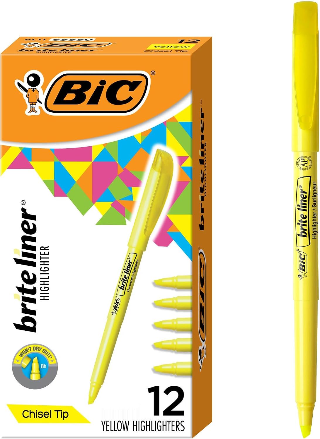 BIC Brite Liner Chisel Tip Highlighters, Yellow, 12 Pack