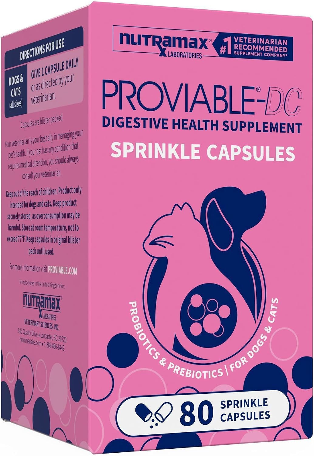 Nutramax Proviable Probiotics + Prebiotics for Dogs & Cats, 80 Capsules — product view