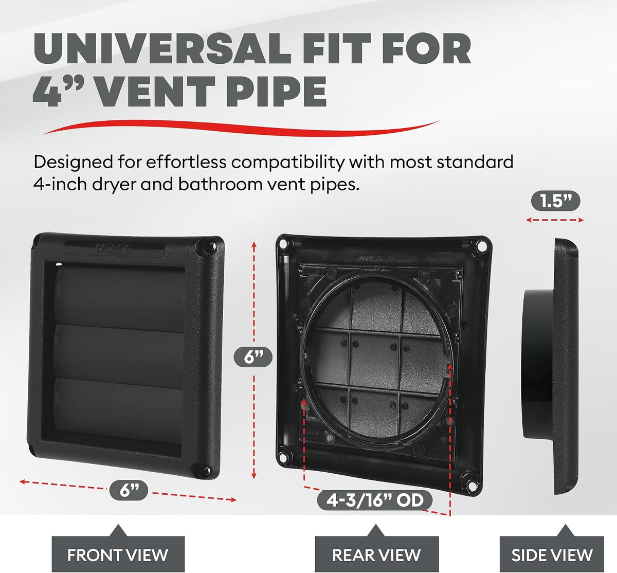 Deflecto 4-Inch Outdoor Dryer Vent Cover with Louvered Damper, Black - view 2