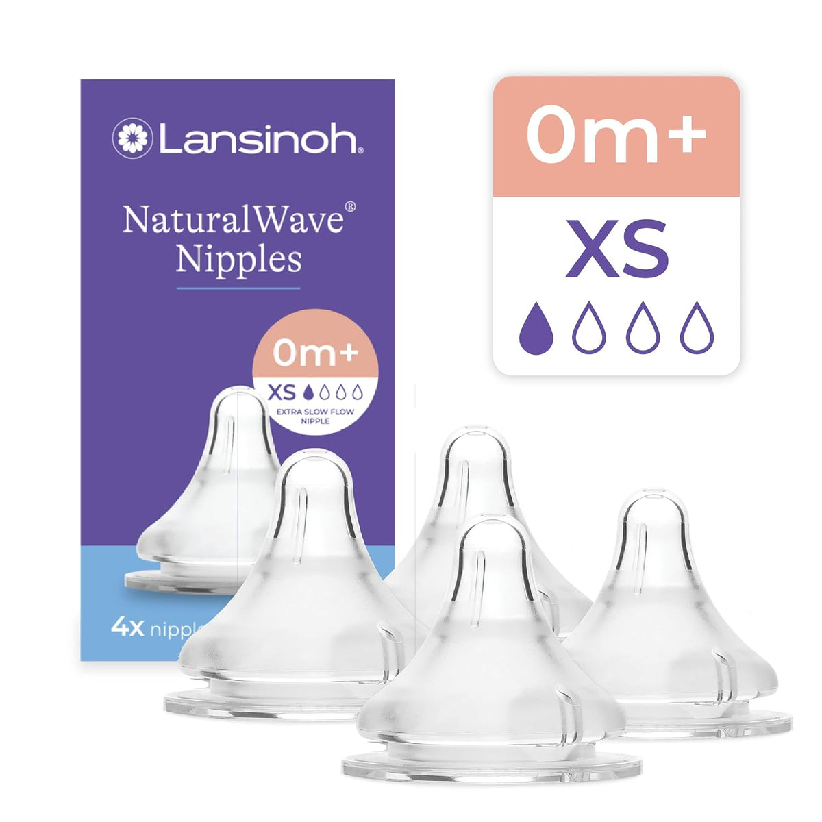 Lansinoh NaturalWave Baby Bottle Teats, Extra Slow Flow (XS), 4 Count