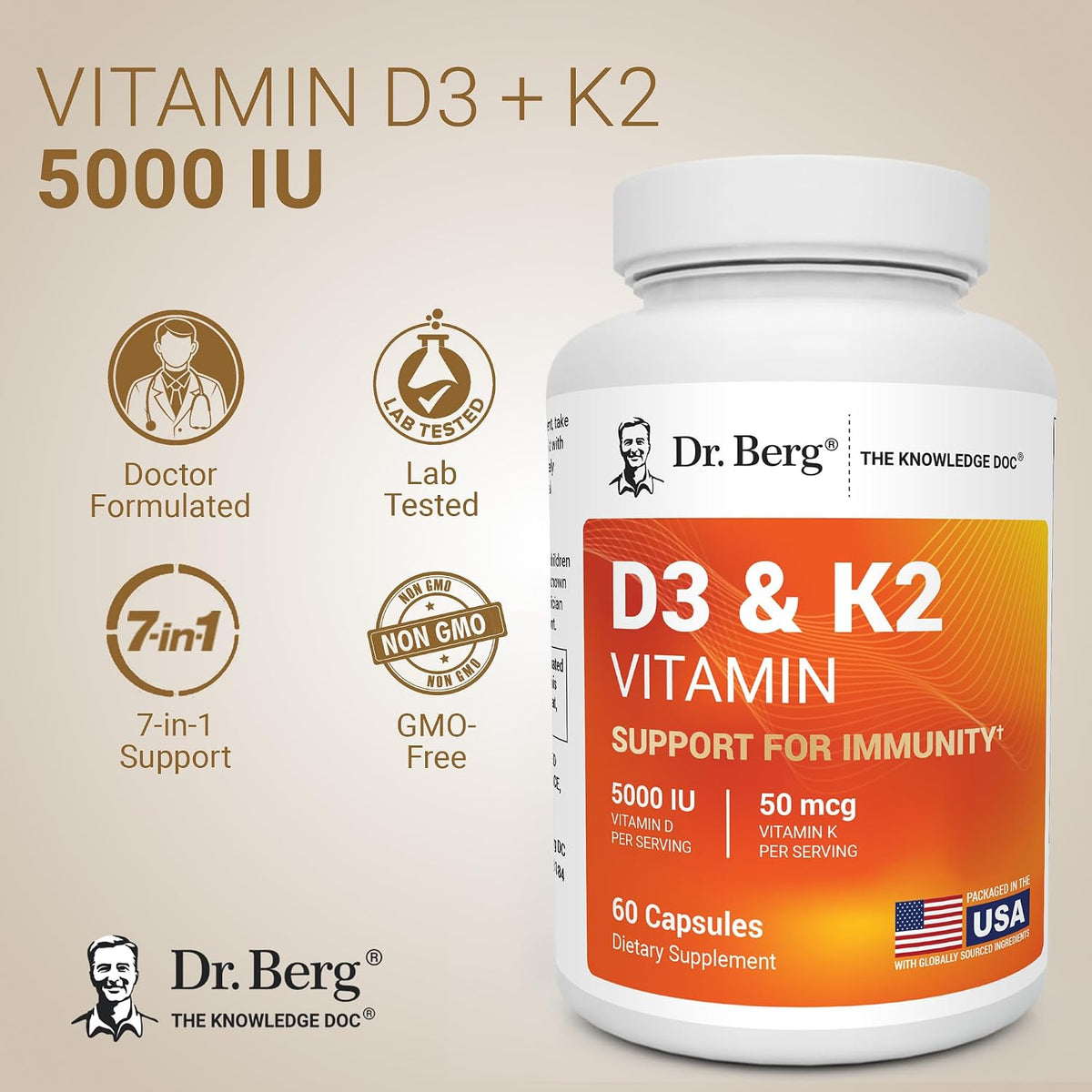 Dr. Berg 7-in-1 Vitamin D3 K2 5000 IU Supplement, 60 Capsules - view 2