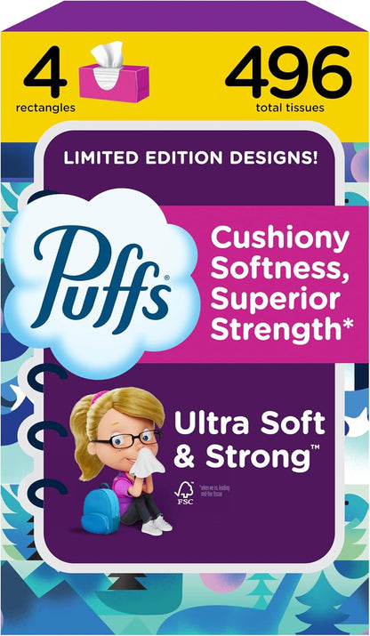 Puffs Ultra Soft Facial Tissues, 4 Family Boxes of 124