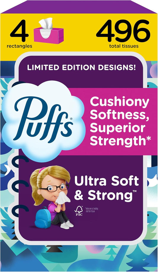 Puffs Ultra Soft Facial Tissues, 4 Family Boxes of 124